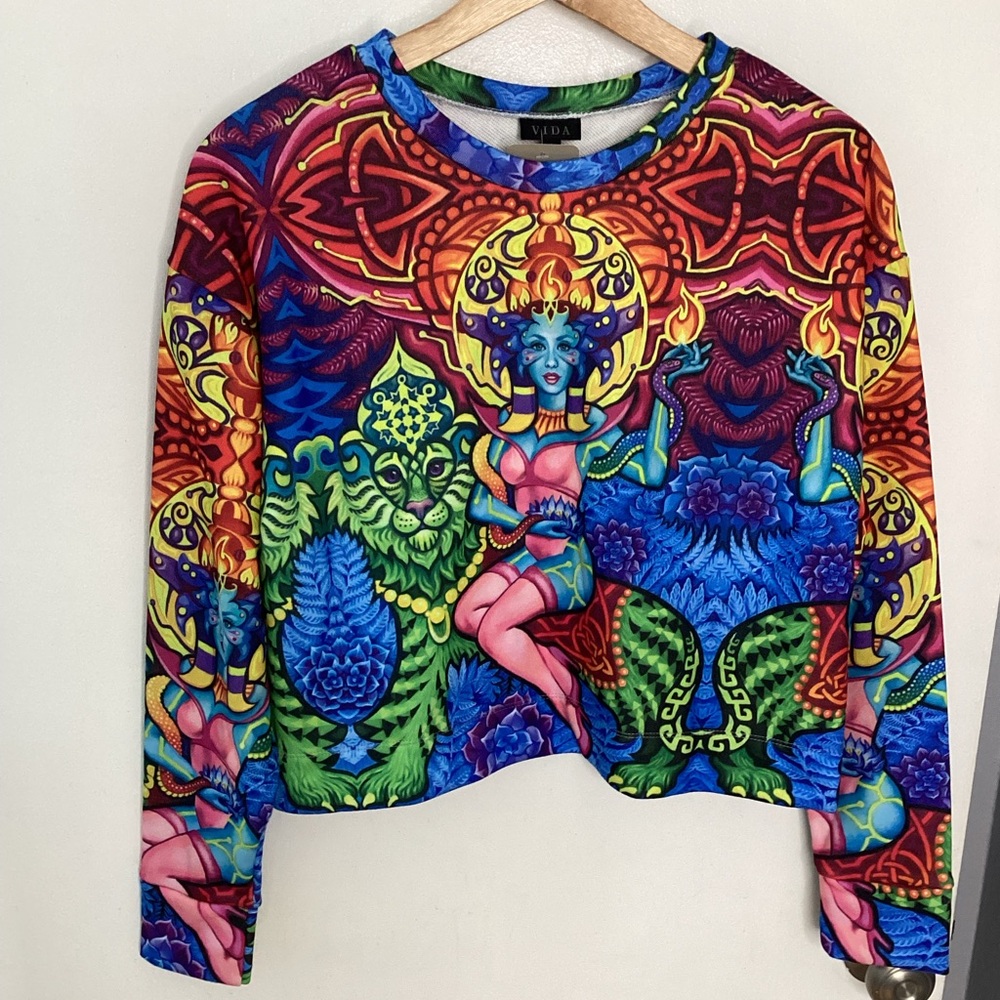 NWOT VIDA Multicolor Artistic Blue Lotus Long Sleeve Top S/M